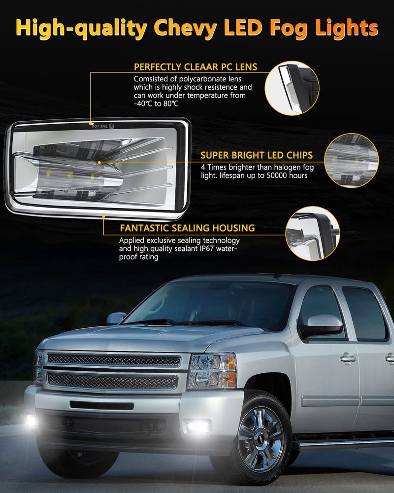 BICYACO Led Fog Lights 5202 w/Bulbs Compatible with Silverado 1500 2500 3500 2008-2014/ Avalanche 2007-2011 / Suburban 2007-2014/ Tahoe 2007-2014/ GMC 07-15 Sierra/Yukon w/Off-Road Package - Chrome - Image 2